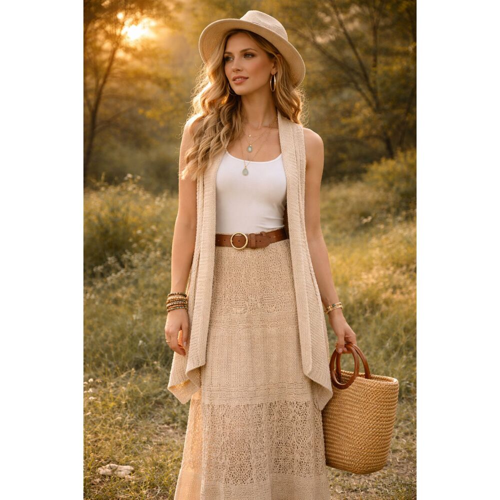 Beige Knit Cardigan Shawl Boho Open Front Cozy Cottagecore Neutral Layer NWT